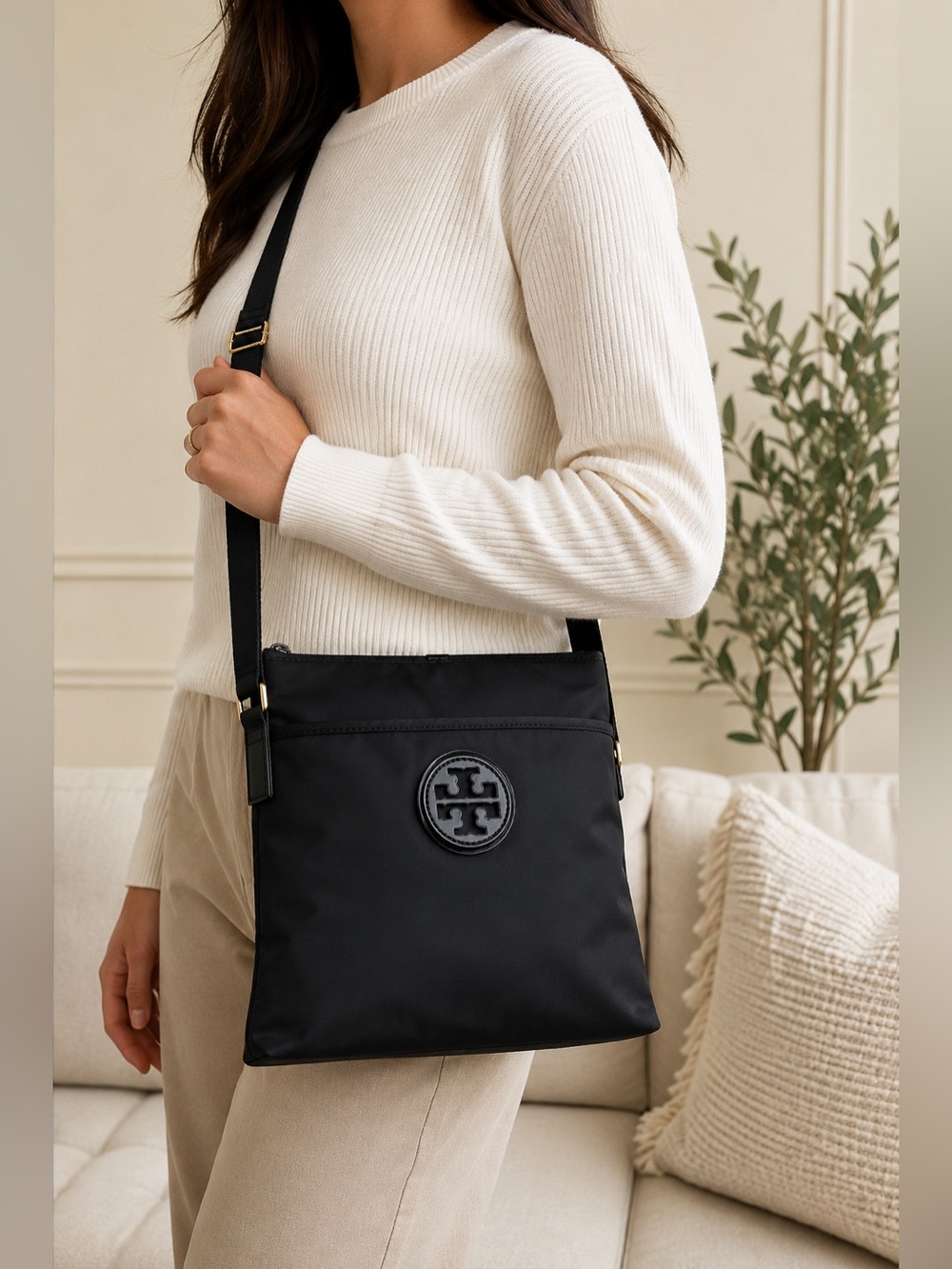 Tory Burch Perry Black Crossbody Bag with Patent Trim & Front Pocket